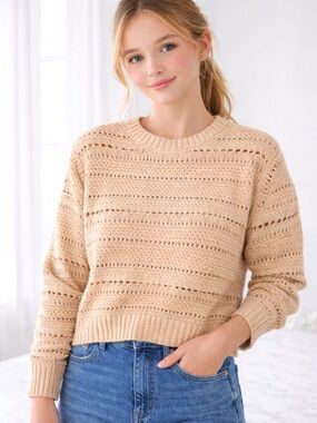 RSQ Beige Open-Knit Cropped Crewneck Sweater – Size L – NWT